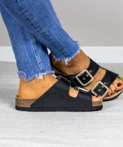 Vista lateral de sandalia cómoda bio Macarena de raso negro para mujer Maretas